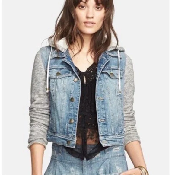 Free People Distressed Denim/Knit Hoodie Jacket - Picture 1 of 5